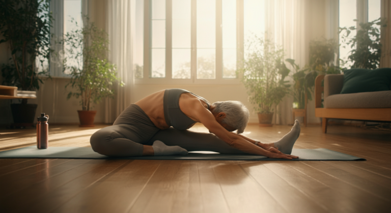 更年期の女性がリビングルームでストレッチをしながらリラックスしている様子。血行促進とホルモンバランス改善を目的とした柔軟なポーズ。