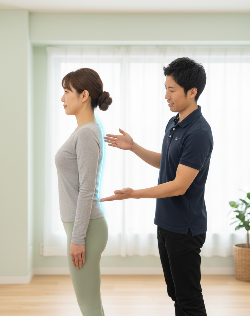 トレーナーと姿勢改善を確認する